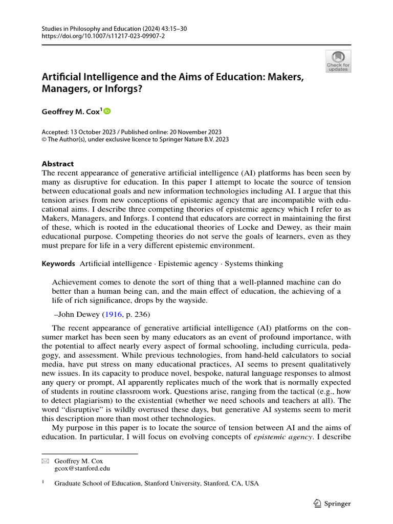 Artificial Intelligence and The Aims of Education Makers, Managers, or ...