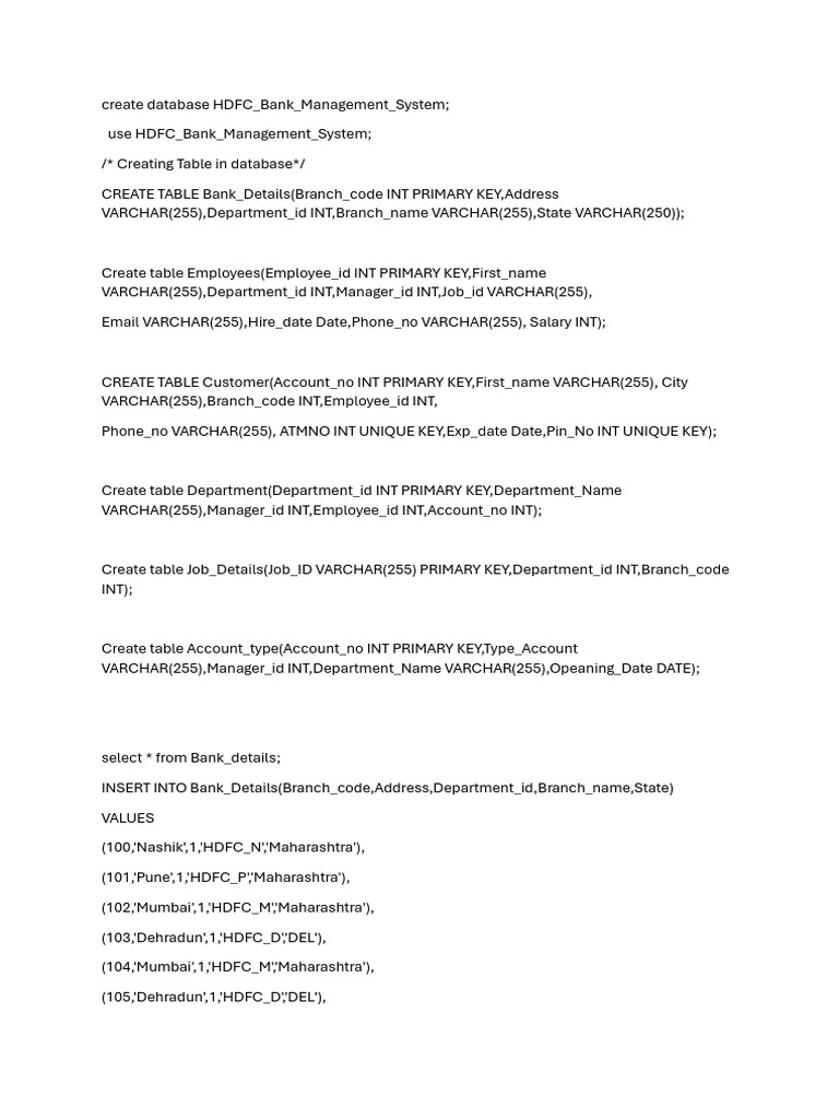 HDFC Bank Management System SQL Schema | PDF | Sql | Computer Data