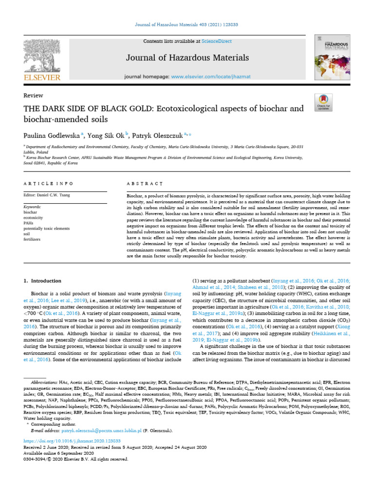 Biochar's Ecotoxic Impact | PDF | Soil | Pyrolysis
