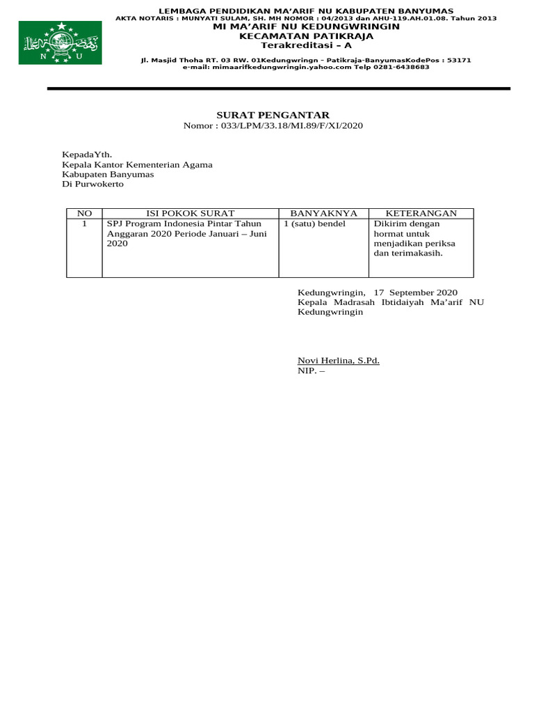 Surat Pengantar SPJ Program Pintar 2020 | PDF