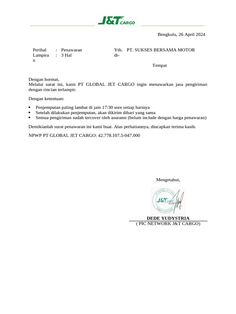 Penawaran Jasa Pengiriman J&T Cargo | PDF