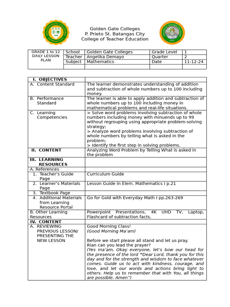 Grade 1 Math Lesson Plan: Subtraction | PDF | Learning