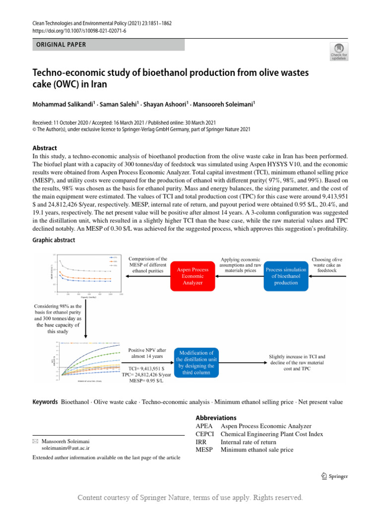 Techno-Economic Study of Bioethanol Production Fro | PDF | Internal ...