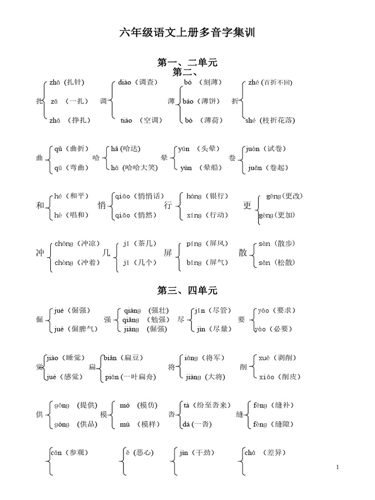 六年级语文上册多音字组词 ️ | PDF