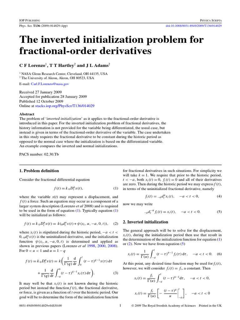 The Inverted Initialization Problem For Fractional Order Derivatives ...