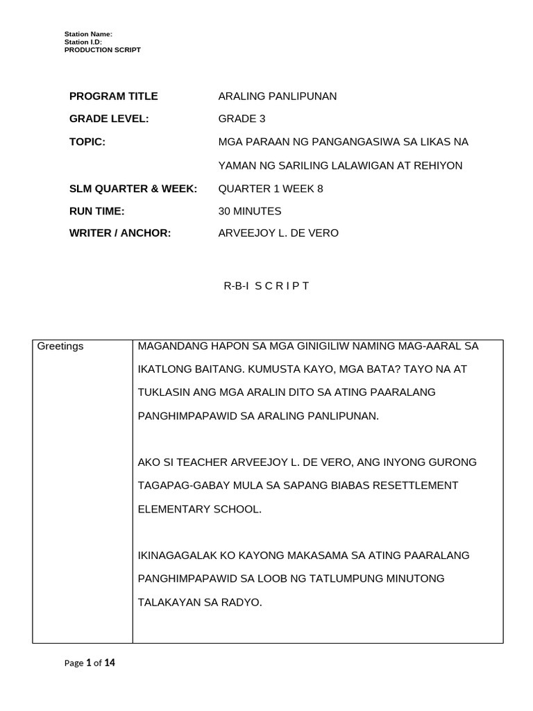 Sbres AP q1 w8 Rbi Script | PDF