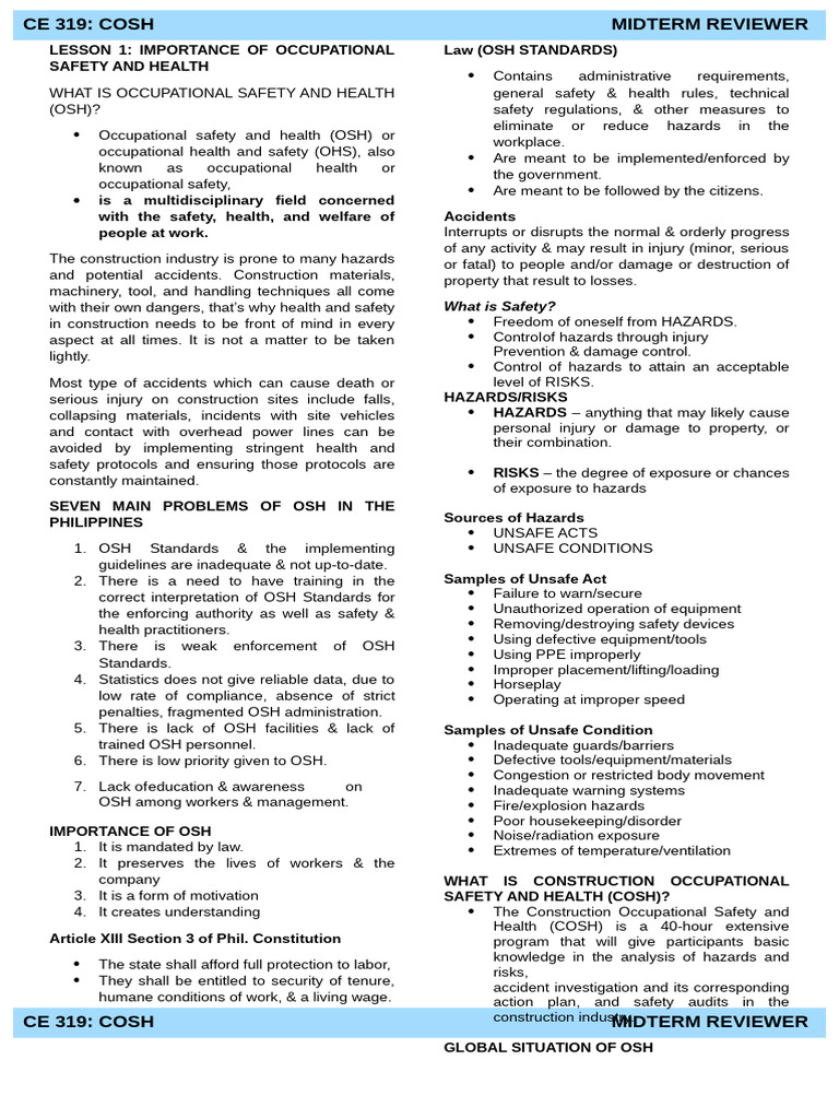 COSH Midterm Review: OSH Essentials | PDF | Occupational Safety And ...