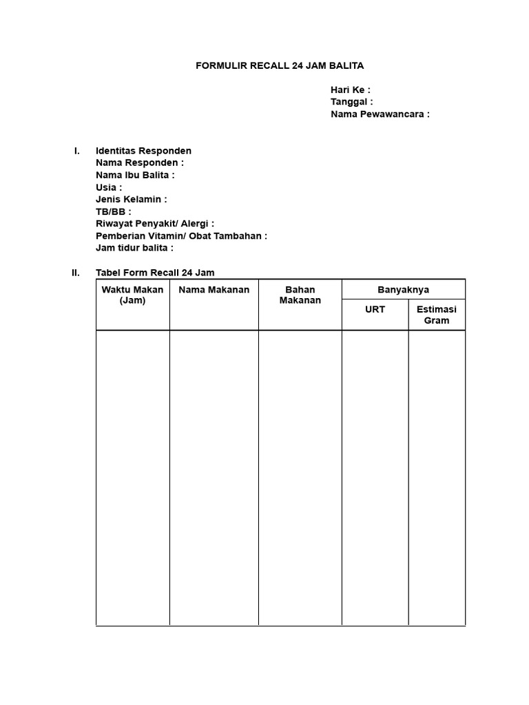 Formulir Recall Makanan Balita 24 Jam | PDF