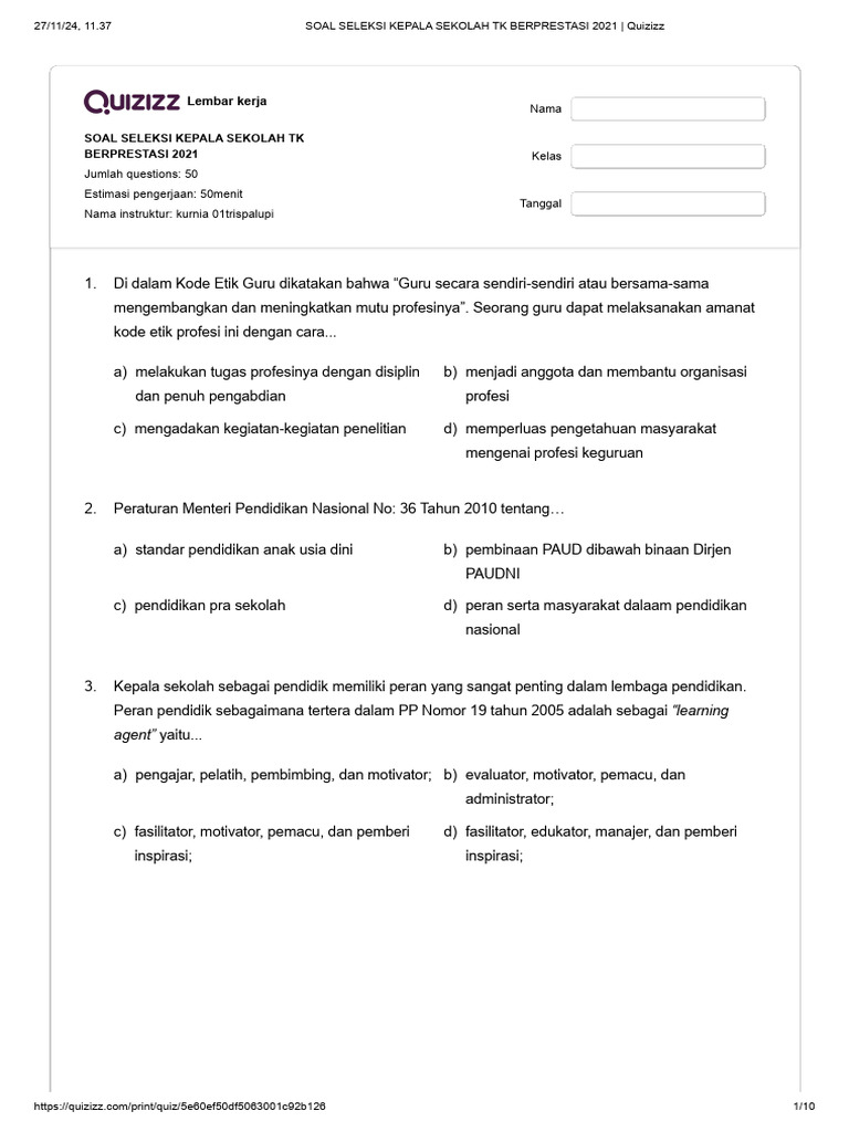 Soal Seleksi Kepala Sekolah TK 2021 | PDF