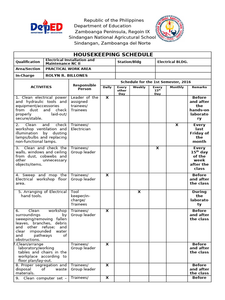 EIM Workshop Housekeeping Schedule | PDF | Housekeeping | Equipment