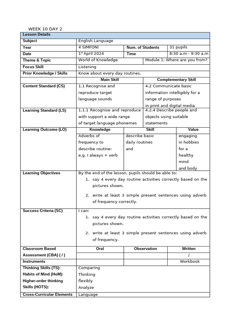 English Lesson Plan: Daily Routines | PDF | Educational Technology ...