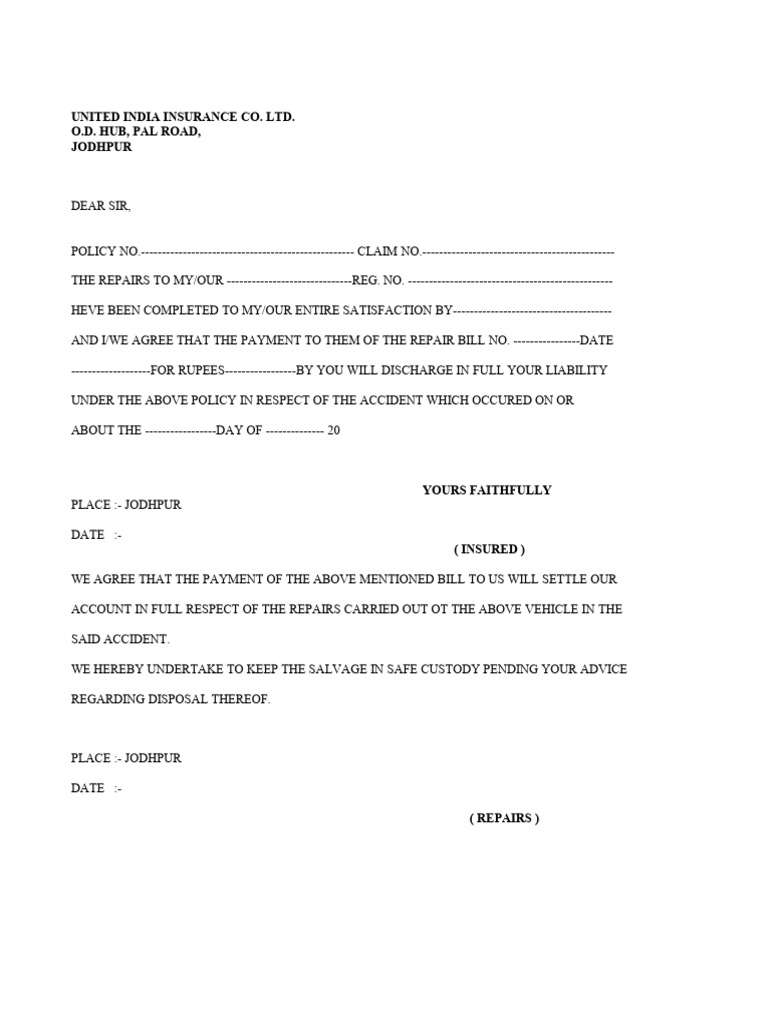 Vehicle Repair Claim Settlement Letter | PDF