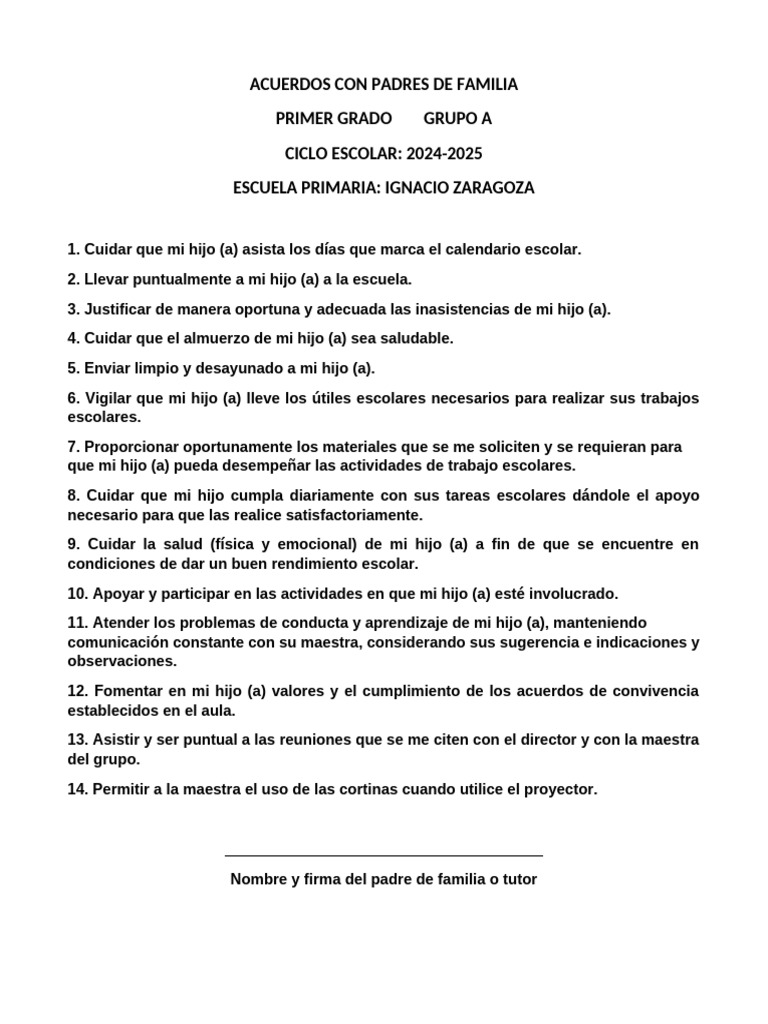 Acuerdos para Padres de Primer Grado | PDF