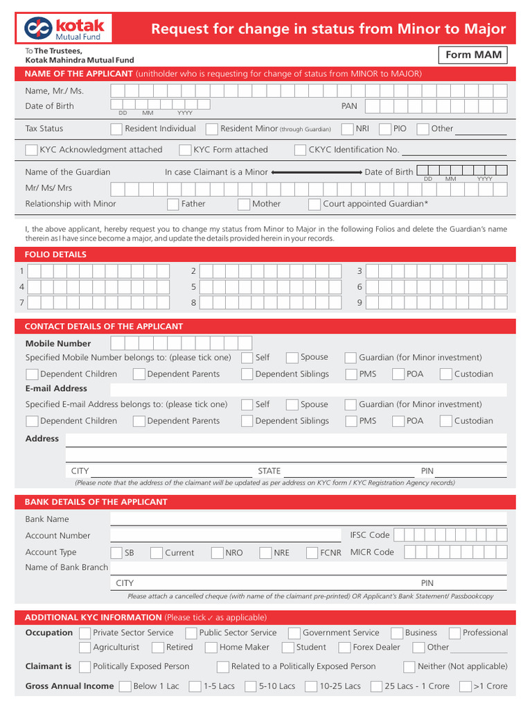 Kotak MF Minor to Major Conversion Form | PDF | Notary Public