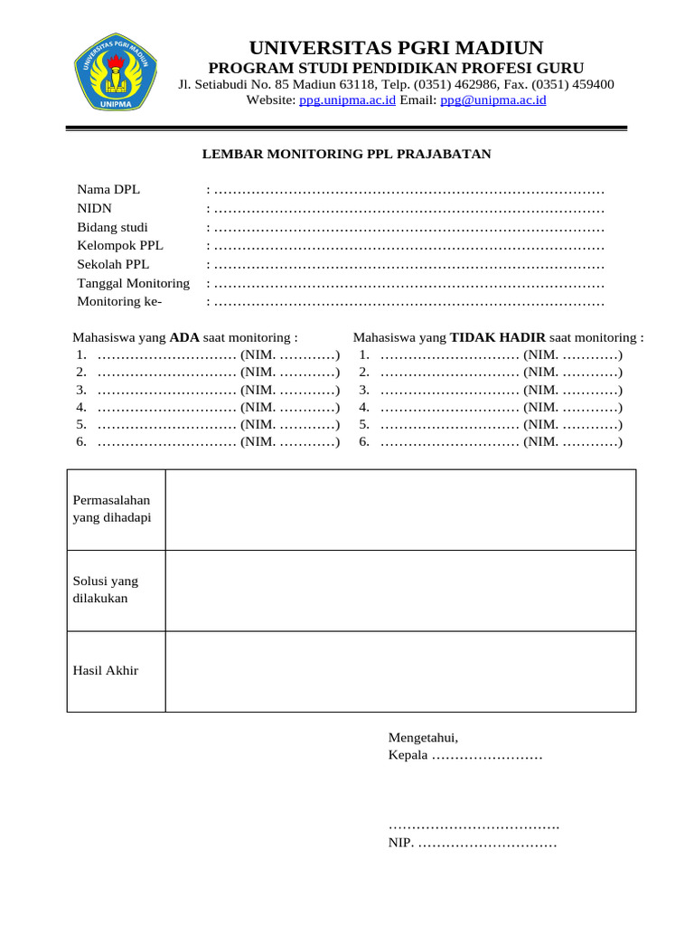 Monitoring PPL Prajabatan Form Template | PDF