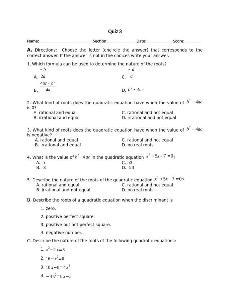 Quadratic Equation Roots Quiz | PDF