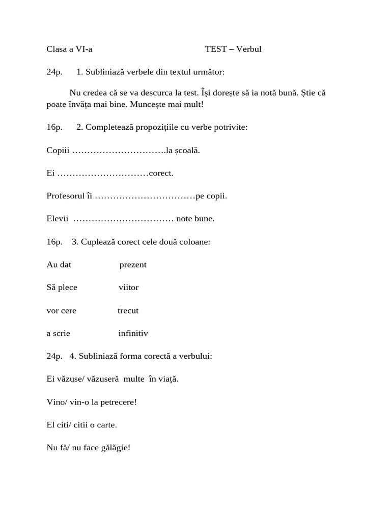 Test Verb Pentru Elevi Cu Ces Clasa A Via | PDF
