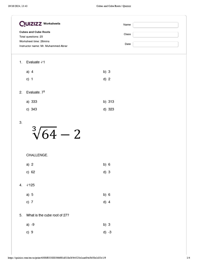 Quizizz - Cubes and Cube Roots | PDF | Combinatorics | Discrete Mathematics