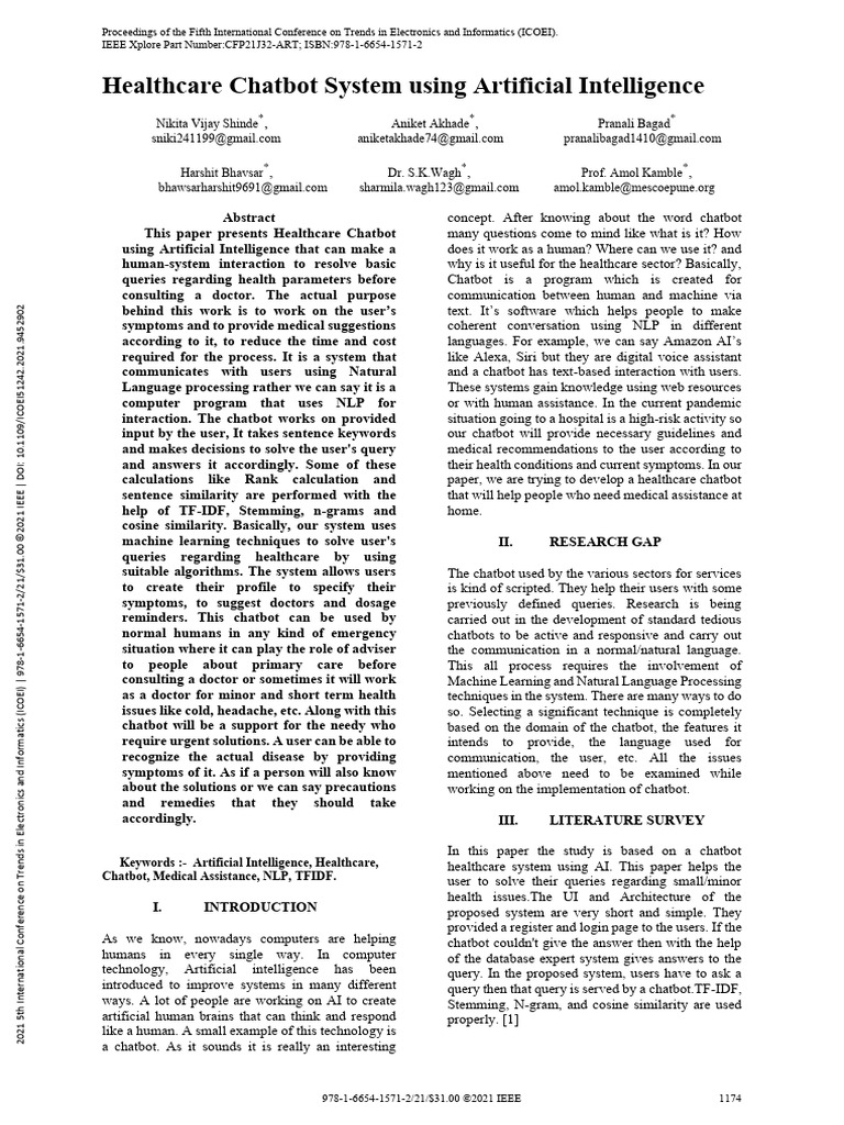 Healthcare Chatbot System Using Artificial Intelligence | PDF