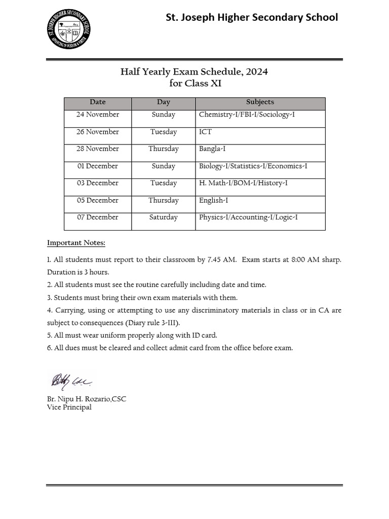 Class XI Half Yearly Exam Schedule 2024 | PDF