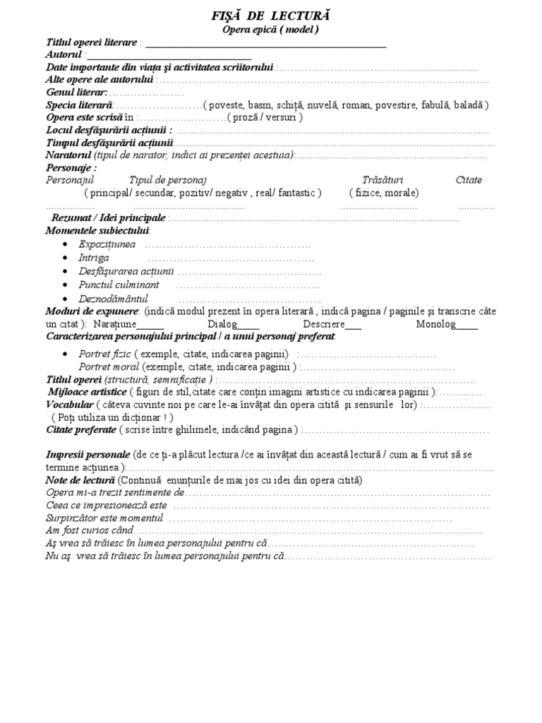 Model Fisa De Lectura Liceu Fisa de Lectura-Gimnaziu | PDF