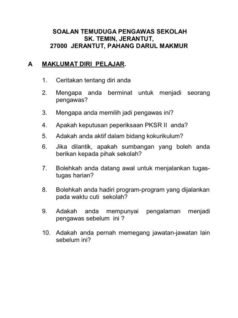 Tips Soalan Temuduga Pengawas Sekolah Tips Soalan Temuduga Pengawas Sekolah