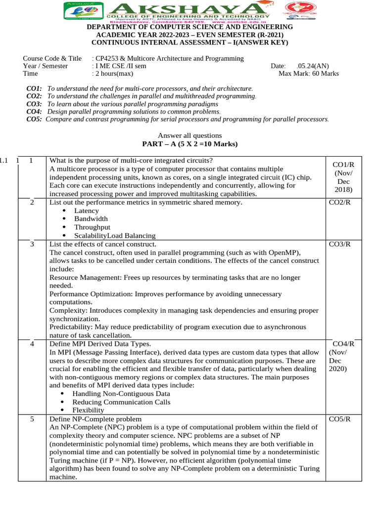 Cia 1 - Mca Ans Key | PDF | Multi Core Processor | Parallel Computing