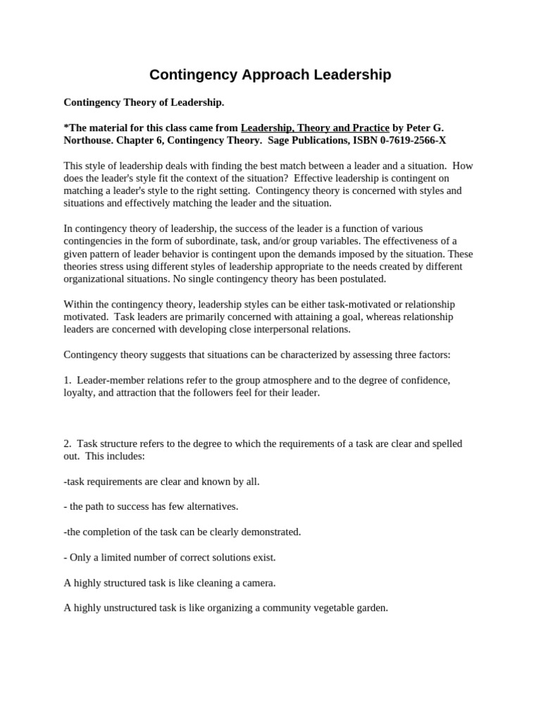 Contingency Theory in Leadership | PDF | Leadership | Applied Psychology