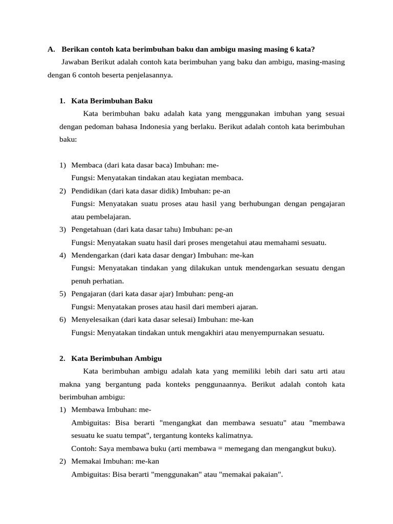 Berikan Contoh Kata Berimbuhan Baku Dan Ambigu Masing Masing 6 Kata | PDF