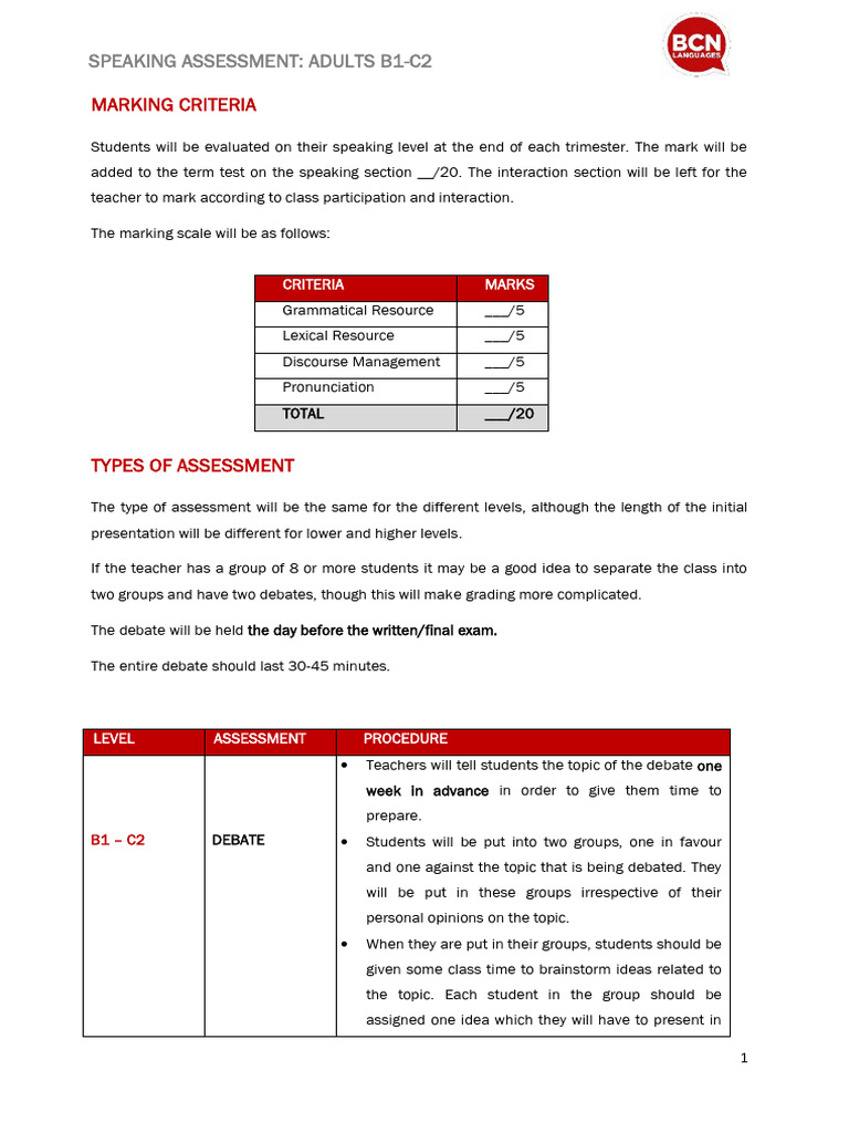 Speaking Assessment Criteria B1-C2 | PDF