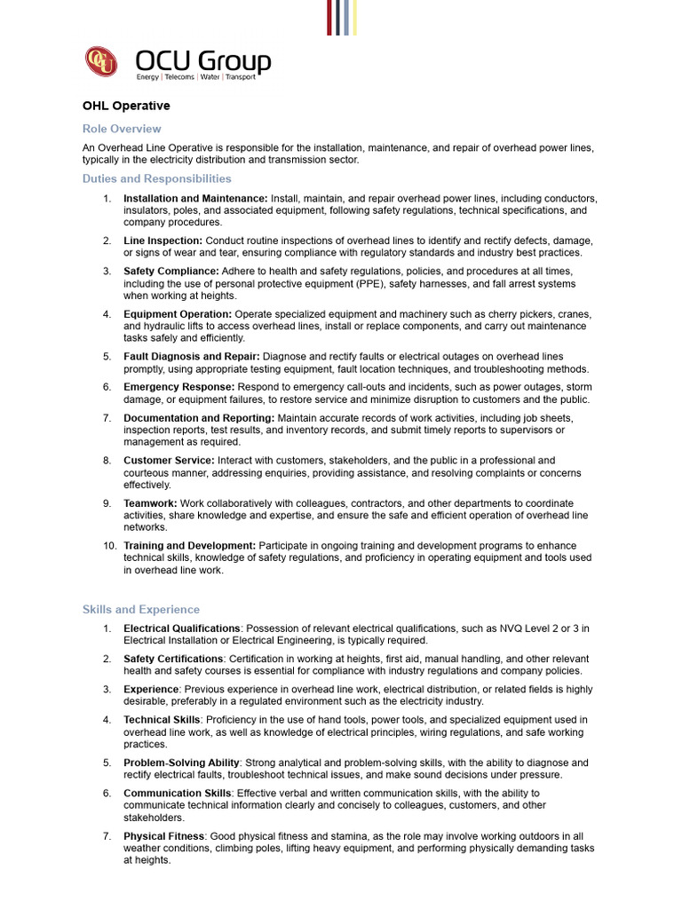 OHL Operative Job Description | PDF | Occupational Safety And Health ...