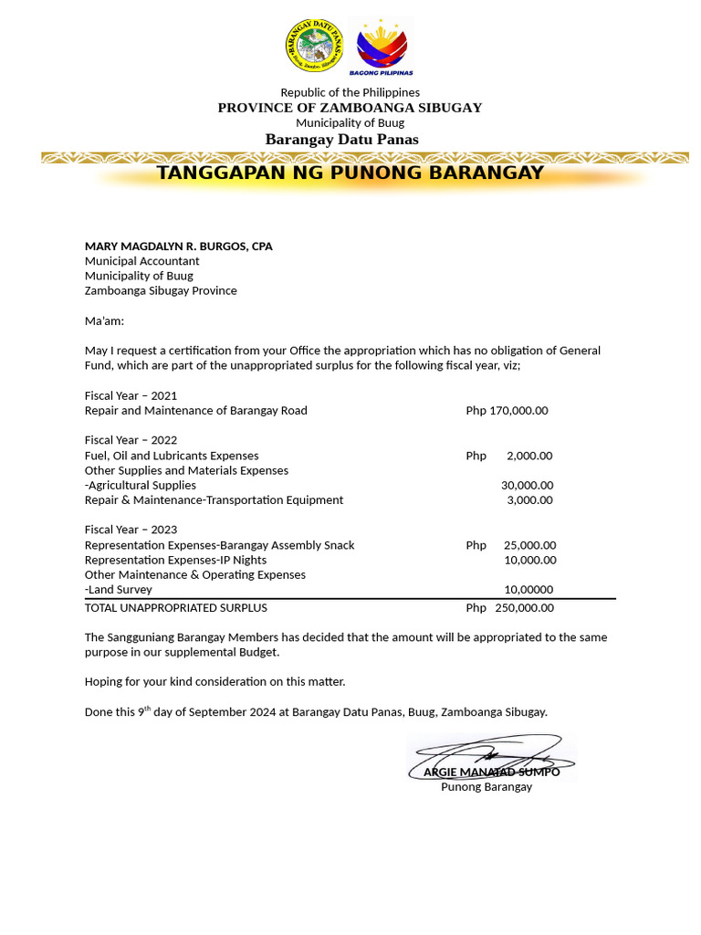 Zamboanga Sibugay Barangay Budget Request | PDF