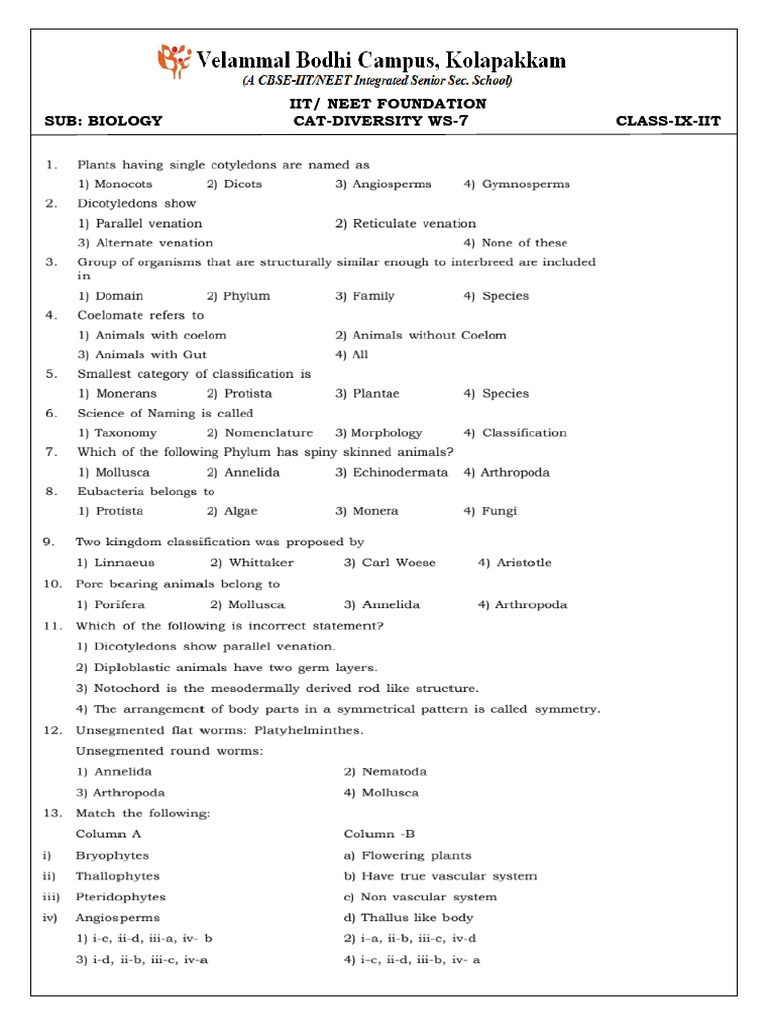 Biology Diversity Worksheets for Class IX | PDF