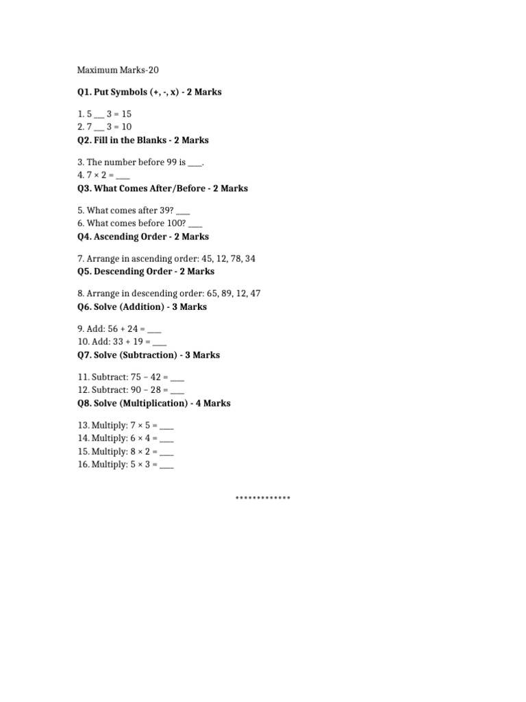 Class 1st mathematics ut ii pdf