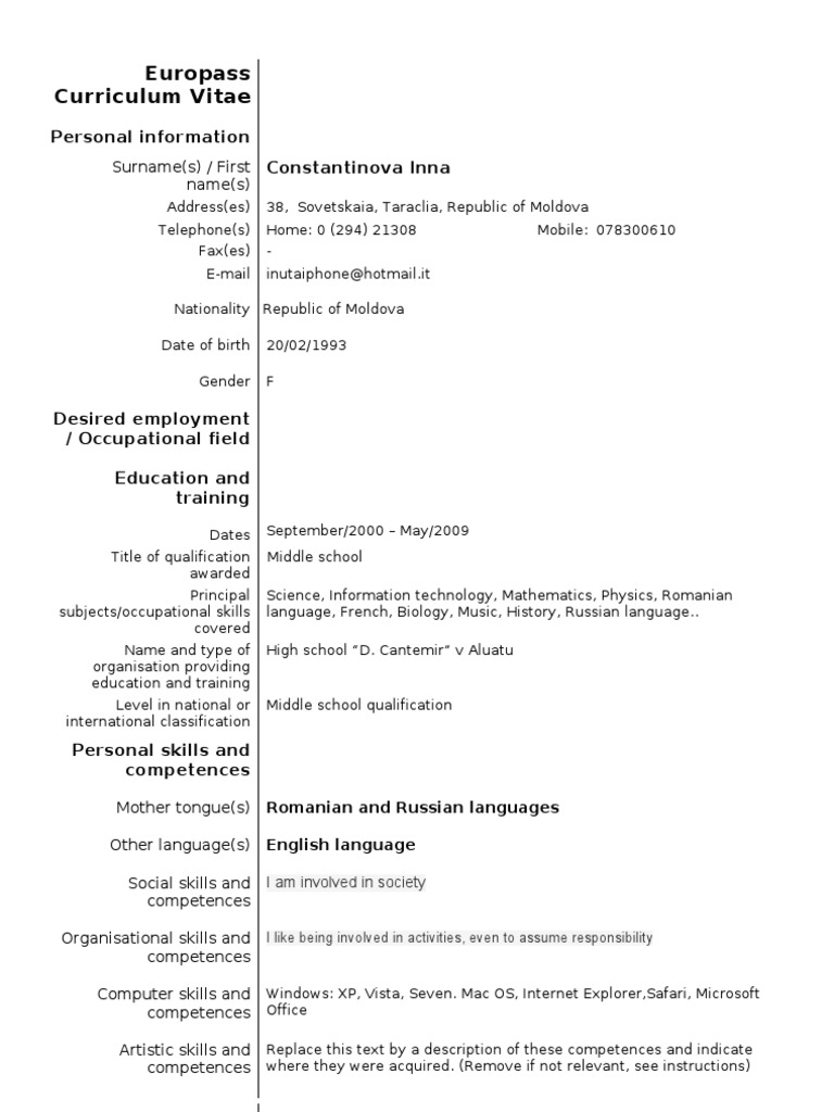 Model Cv Curriculum Vitae European Engleza First Language Driver S License