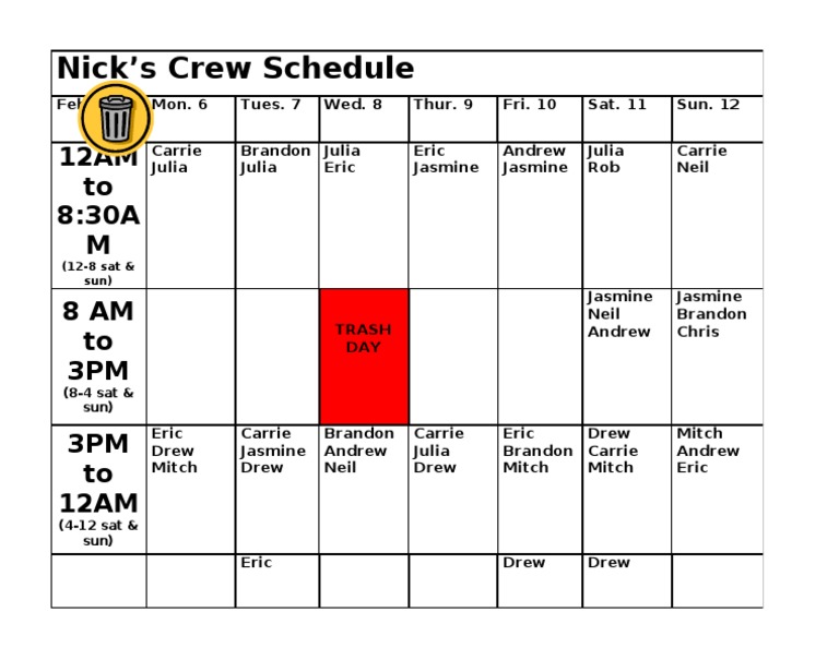 February Crew Schedule for Nick's Team | PDF | Sports & Recreation