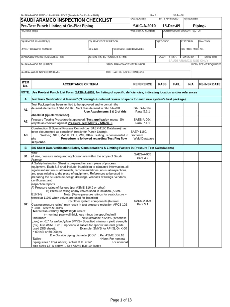 Saudi Aramco Piping Inspection Checklist | PDF | Pipe (Fluid Conveyance ...