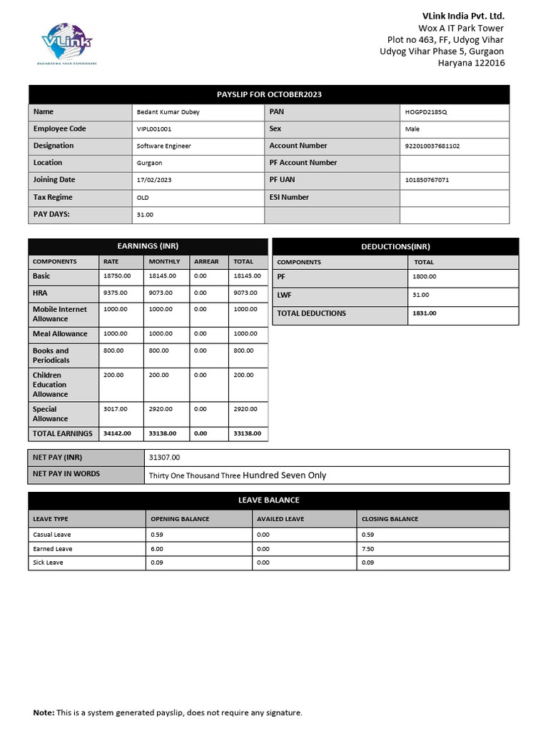 October 2023 Payslip for Bedant Kumar | PDF | Personal Finance ...