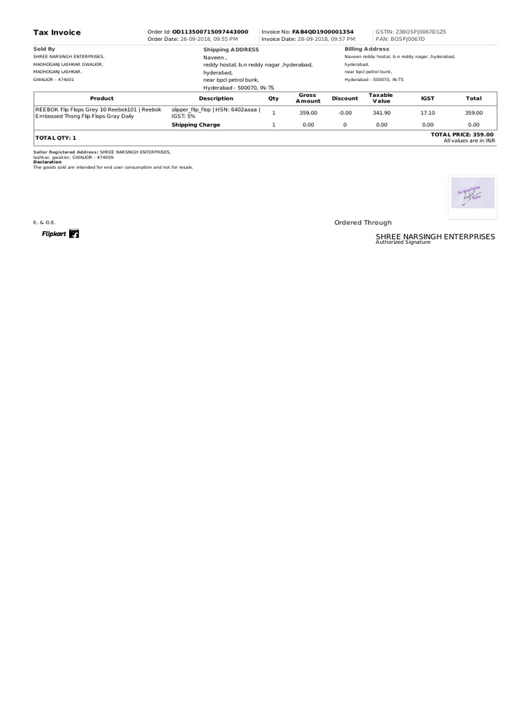 Tax Invoice for Reebok Flip Flops | PDF | Public Finance | Taxes