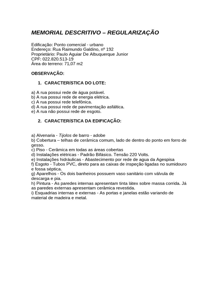Memorial Descritivo de Ponto Comercial | PDF | Alvenaria | Materiais