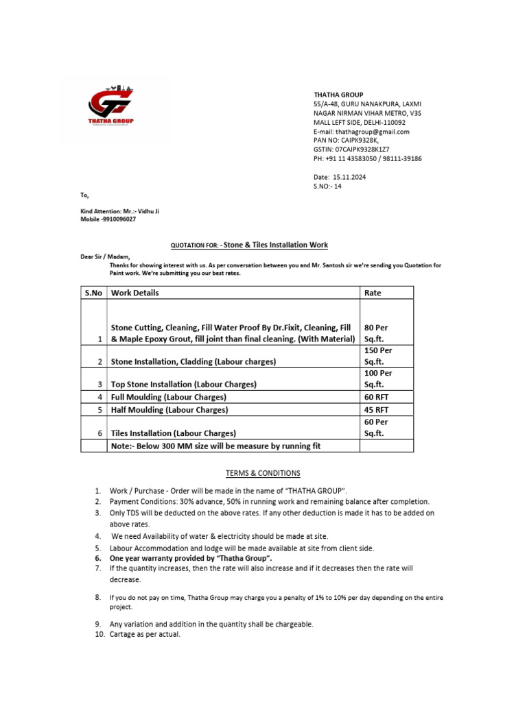 Quotation for Stone & Tiles Installation | PDF