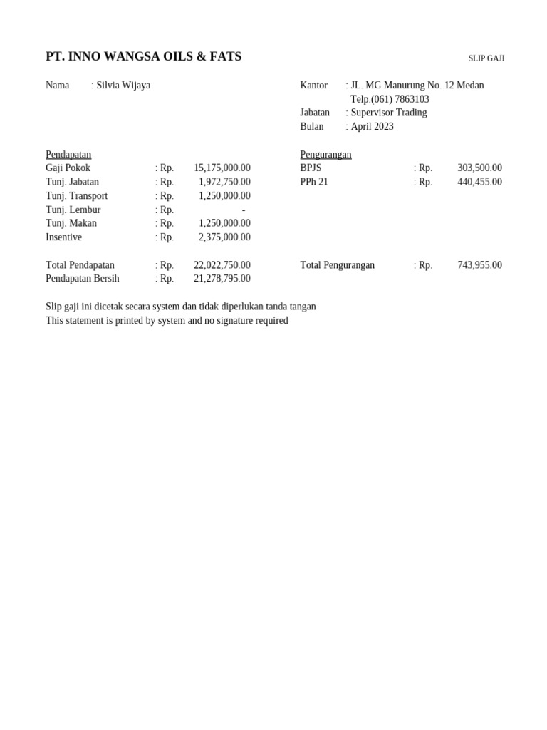 Slip Gaji Silvia Wijaya April 2023 | PDF