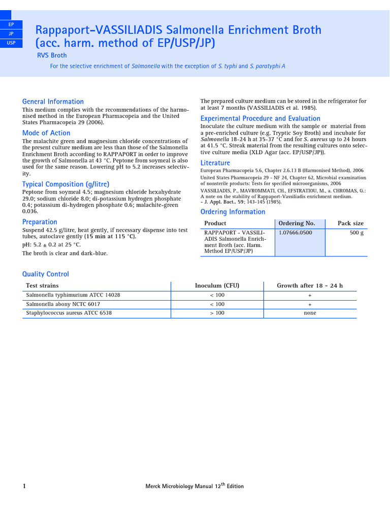 Rappaport-Vassiliadis Salmonella Broth | PDF | Salmonella | Growth Medium