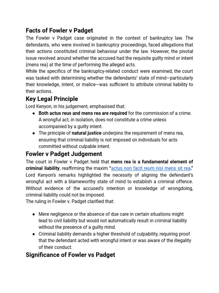 Mens Rea in Fowler v Padget Case | PDF | Mens Rea | Intention (Criminal ...