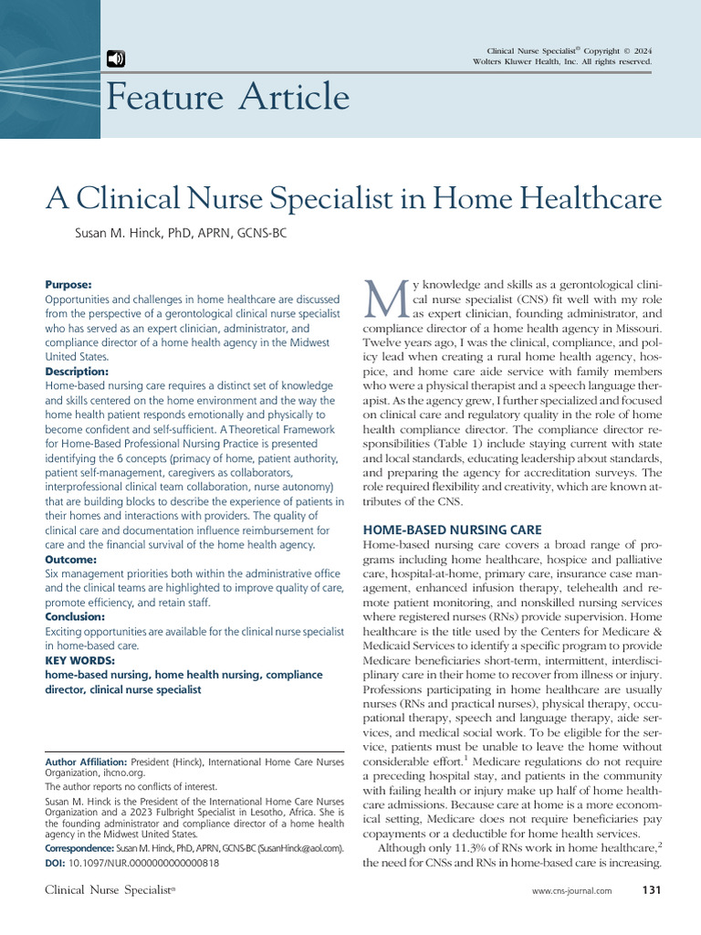 A Clinical Nurse Specialist in Home Healthcare | PDF | Nursing | Health ...