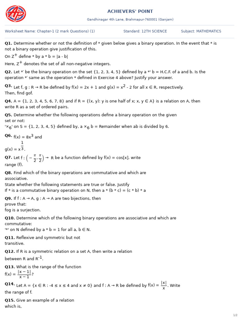 12th Grade Math Worksheet: Binary Operations | PDF | Function ...