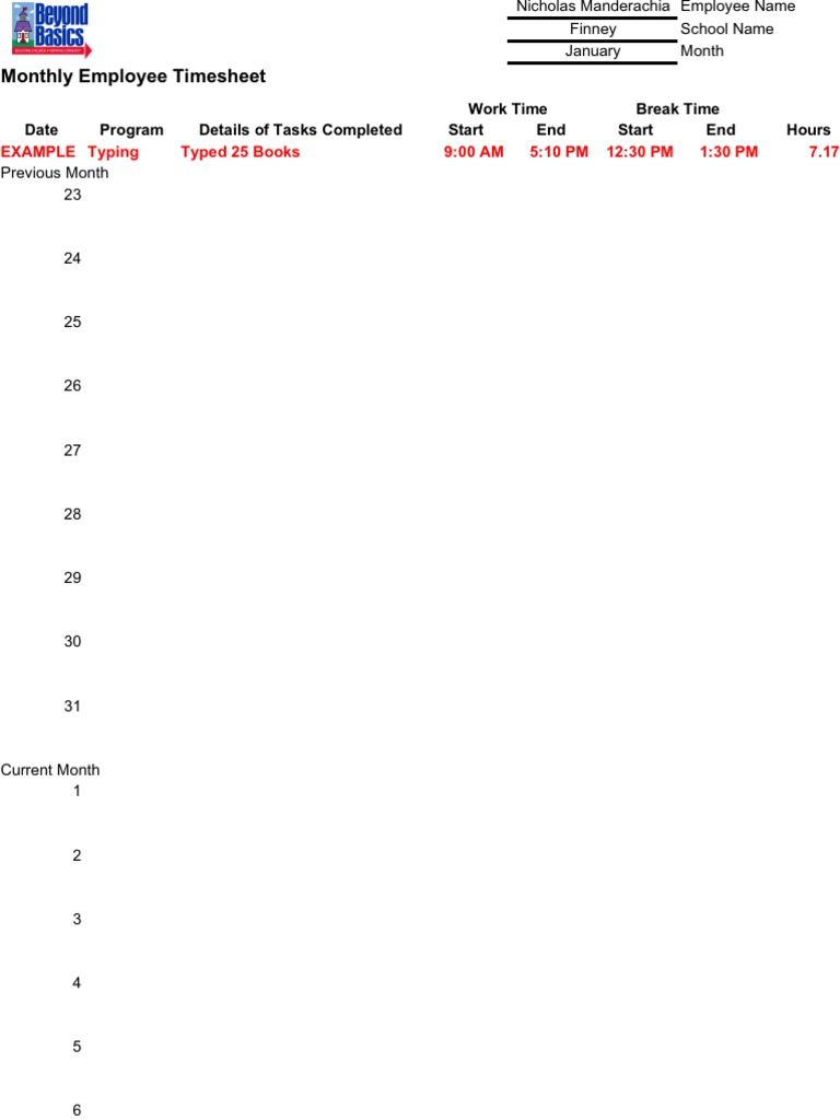 Employee Timesheet Template BLANK