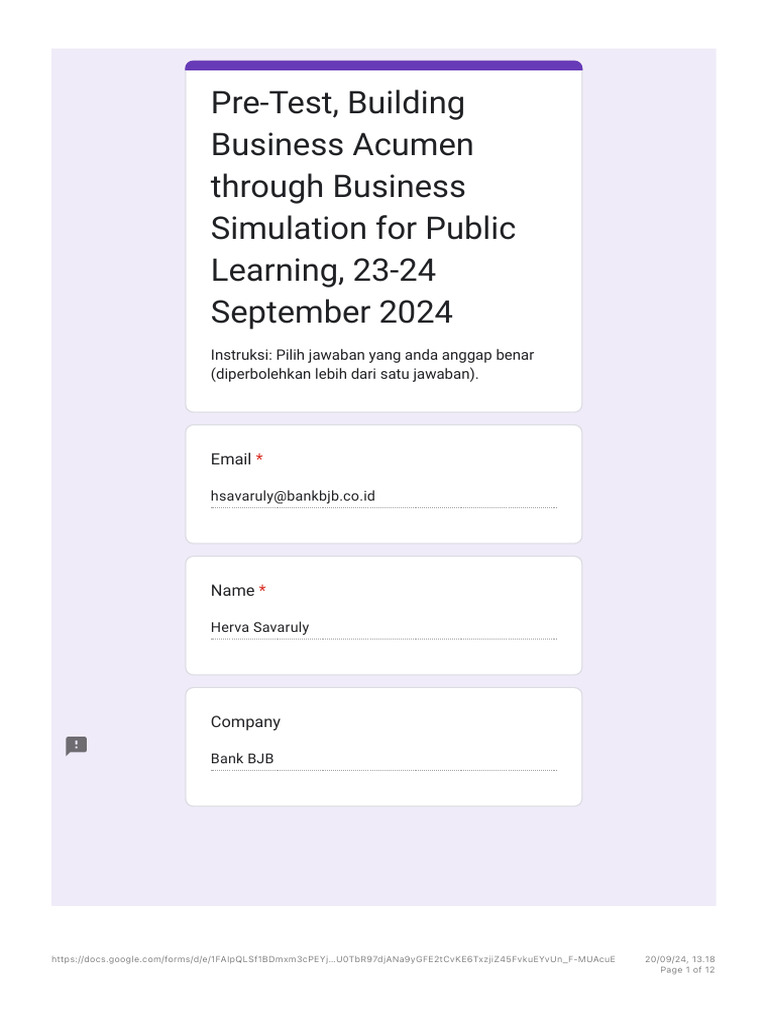 Pre-Test Business Acumen Simulation | PDF