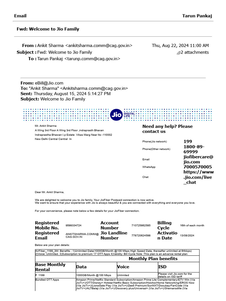 JioFiber Postpaid Welcome & Plan Details | PDF