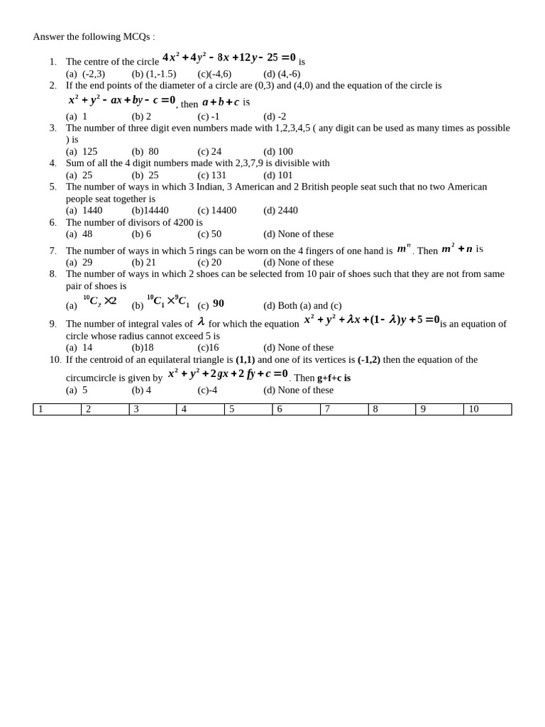 MCQs on Geometry and Combinatorics | PDF